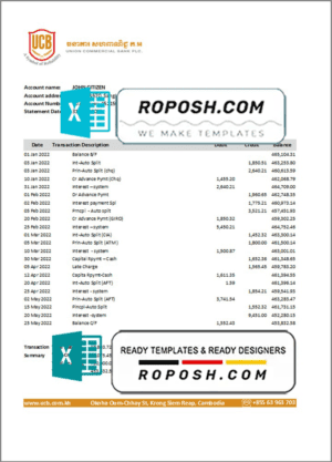 Cambodia Union Commercial bank statement Excel and PDF template, fully editable (AutoSum)