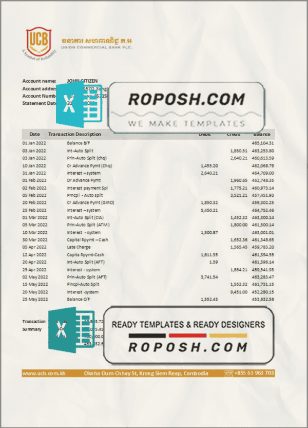 Cambodia Union Commercial bank statement Excel and PDF template, fully editable (AutoSum)