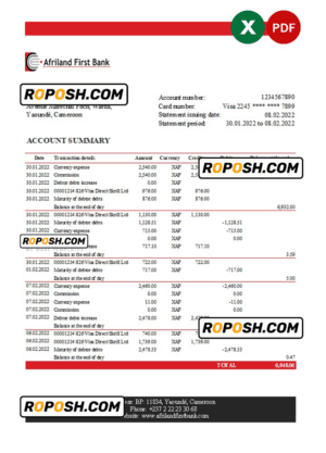 Cameroon Afriland First bank statement Excel and PDF template (AutoSum)