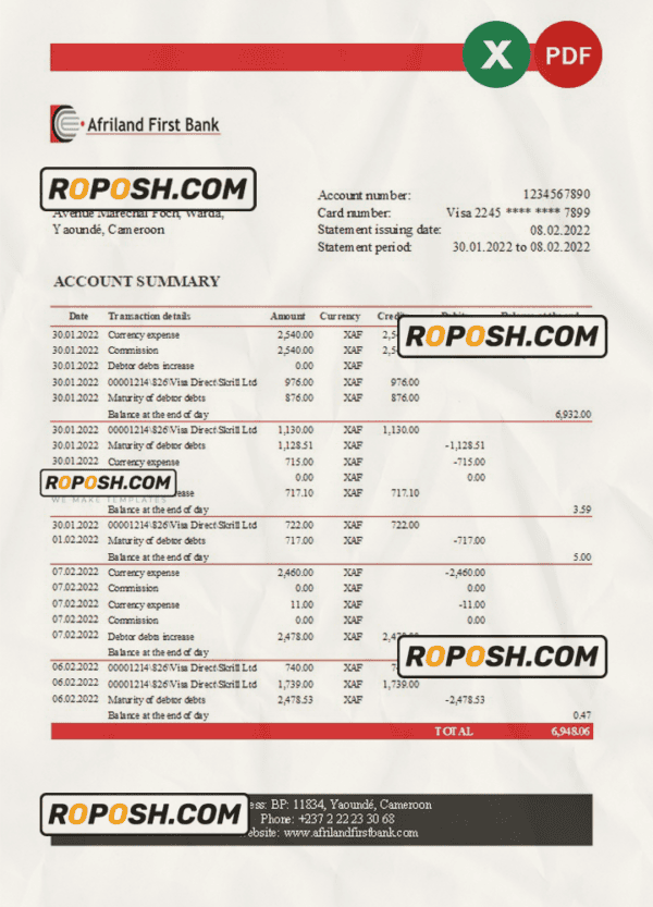 Cameroon Afriland First bank statement Excel and PDF template (AutoSum)