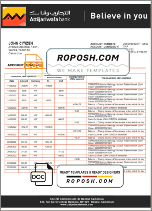 Cameroon SCB bank statement template in Word and PDF format
