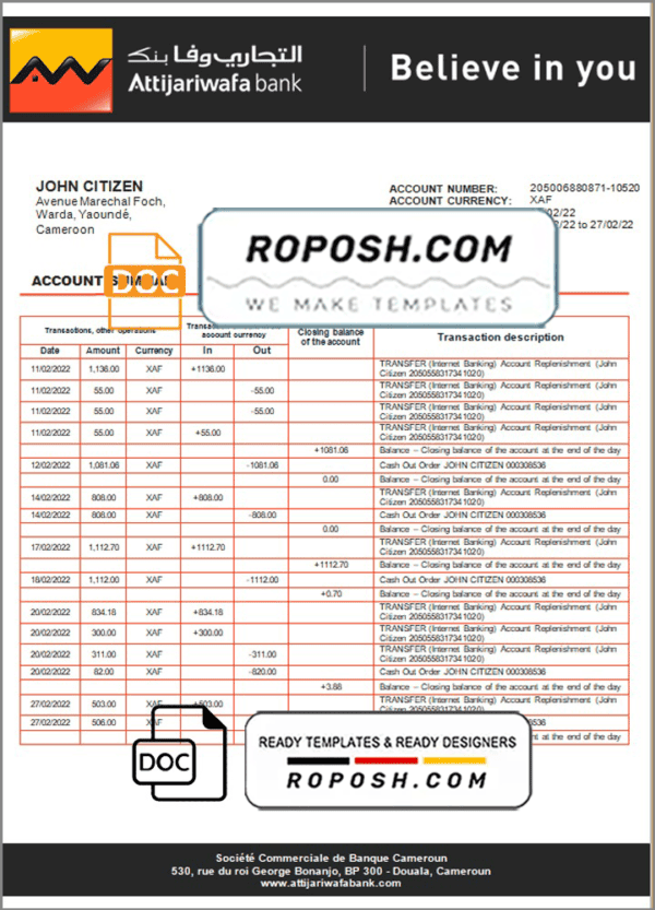 Cameroon SCB bank statement template in Word and PDF format