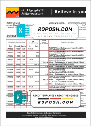Cameroon SCB bank statement Excel and PDF template, fully editable (AutoSum)