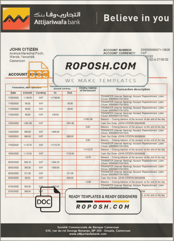Cameroon SCB bank statement template in Word and PDF format