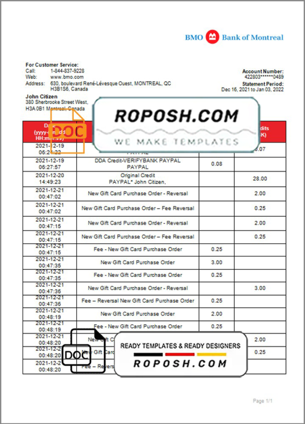 Canada Bank of Montreal bank statement template in Word and PDF format (.doc and .pdf)