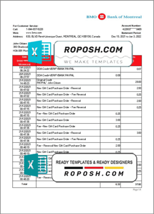 Canada Bank of Montreal bank statement Excel and PDF template (AutoSum)