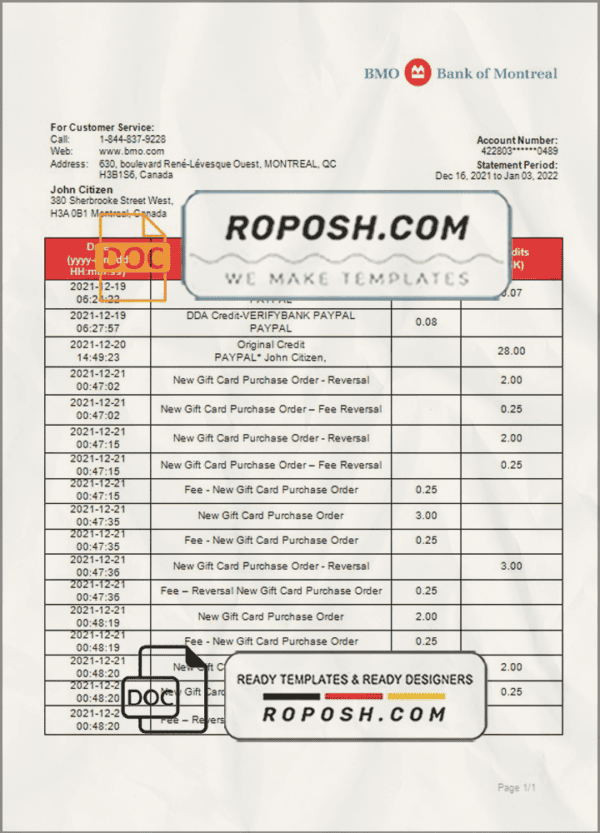 Canada Bank of Montreal bank statement template in Word and PDF format (.doc and .pdf)