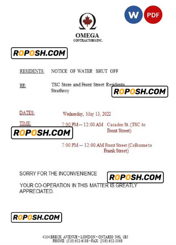 Canada Ontario Omega Contractors Inc. water utility bill shutoff notice, Word and PDF template