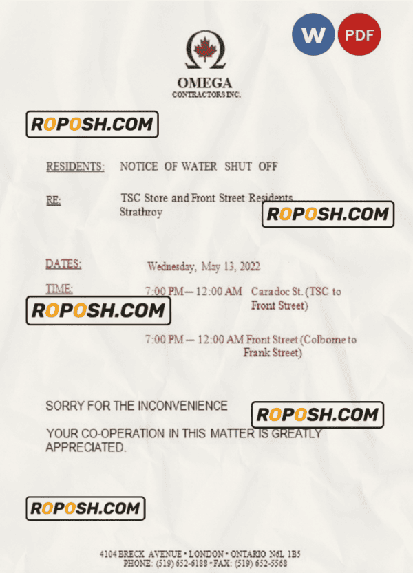 Canada Ontario Omega Contractors Inc. water utility bill shutoff notice, Word and PDF template