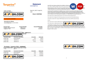 Canada Tangerine bank statement Word and PDF template, 2 pages
