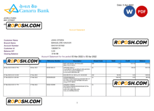 India Canara bank statement, Word and PDF template, 5 pages