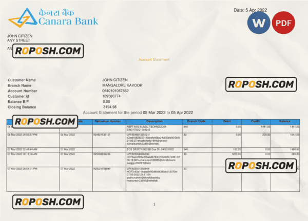 India Canara bank statement, Word and PDF template, 5 pages