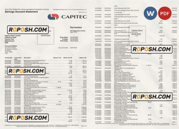 South Africa Capitec bank savings account statement, Word and PDF template, 4 pages