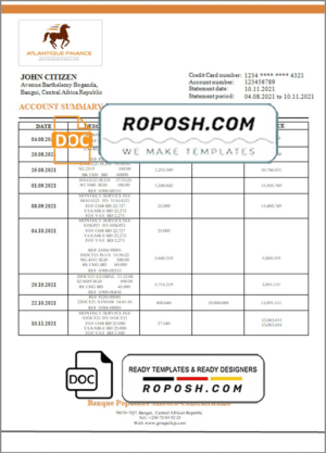 Central African Republic Banque Populaire Maroco Centrafricaine bank statement template in Word and PDF format