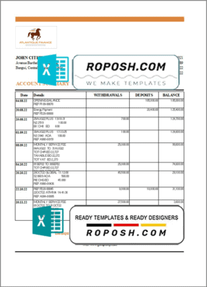 Central African Republic Banque Populaire Maroco Centrafricaine bank statement Excel and PDF template, fully editable (AutoSum)