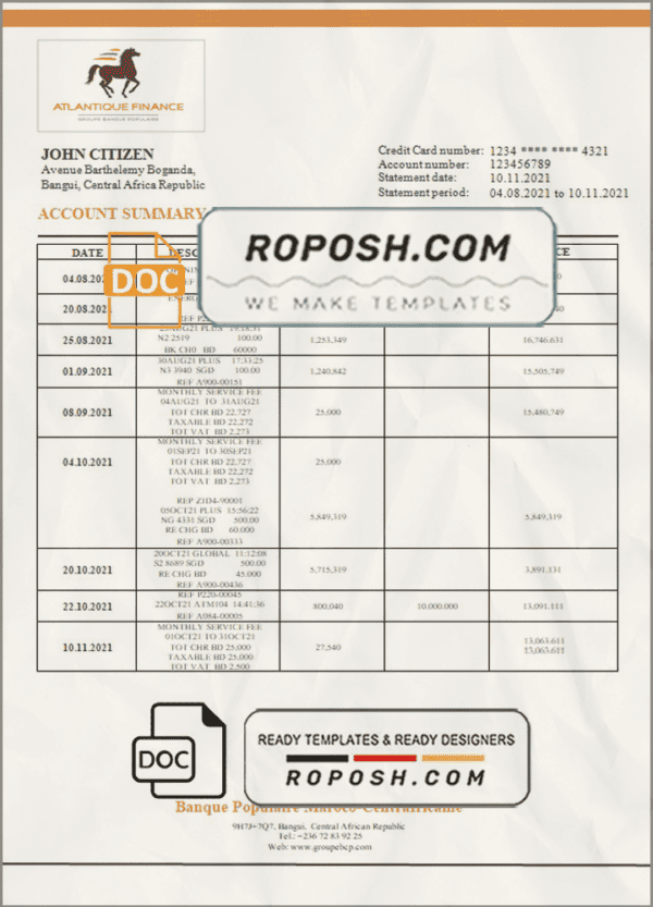 Central African Republic Banque Populaire Maroco Centrafricaine bank statement template in Word and PDF format