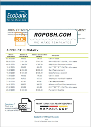 Central African Republic Ecobank bank statement template in Word and PDF format
