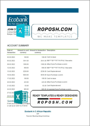 Central African Republic Ecobank bank statement Excel and PDF template (AutoSum)