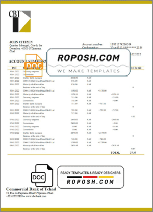 Chad Commercial Bank of Tchad bank statement template in Word and PDF format