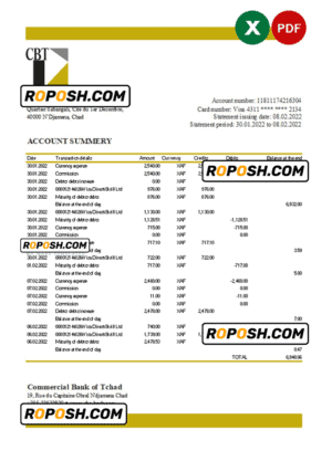 Chad Commercial Bank of Tchad bank statement Excel and PDF template, fully editable (AutoSum)