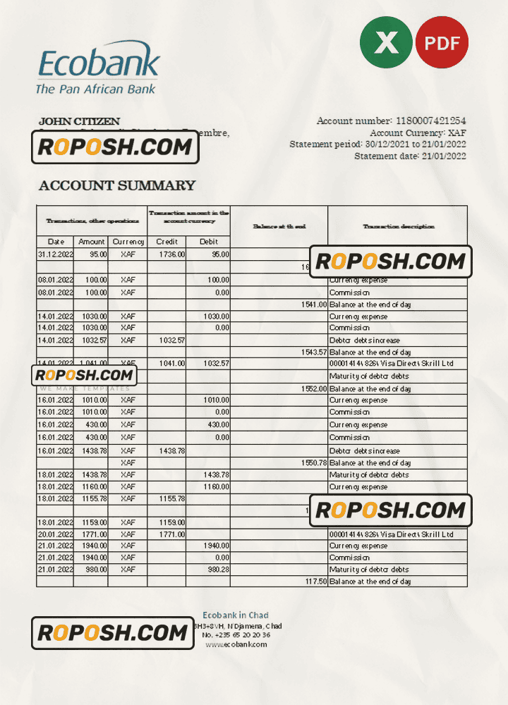 Chad Ecobank bank statement Excel and PDF template, completely editable (AutoSum) Chad Ecobank bank statement Excel and PDF template, completely editable (AutoSum)
