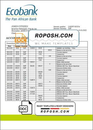 Chad Ecobank bank statement template in Word and PDF format