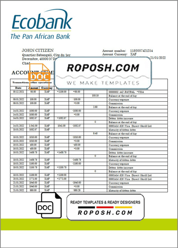 Chad Ecobank bank statement template in Word and PDF format