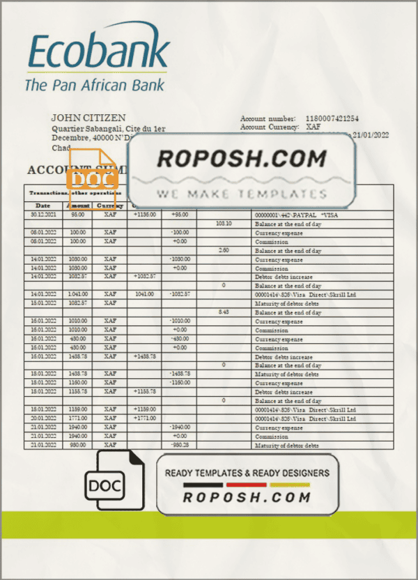 Chad Ecobank bank statement template in Word and PDF format