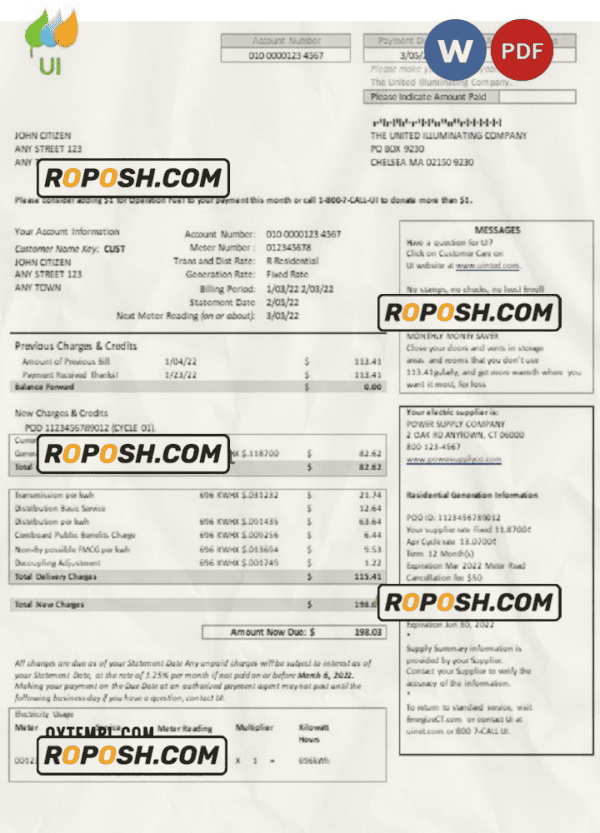 USA Massachusetts Chelsea UI The United Illuminating Company utility bill Word and PDF template