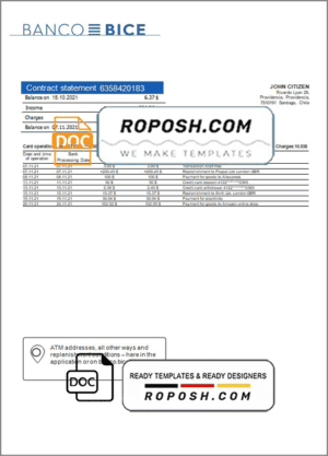 Chile Banco Bice bank statement template in Word and PDF format
