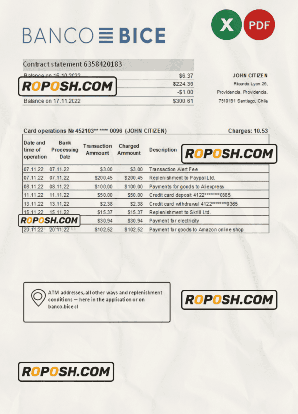 Chile Banco Bice bank statement Excel and PDF template (AutoSum)
