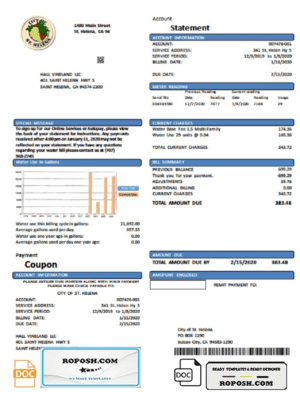 USA California City of St Helena utility bill template in Word and PDF format