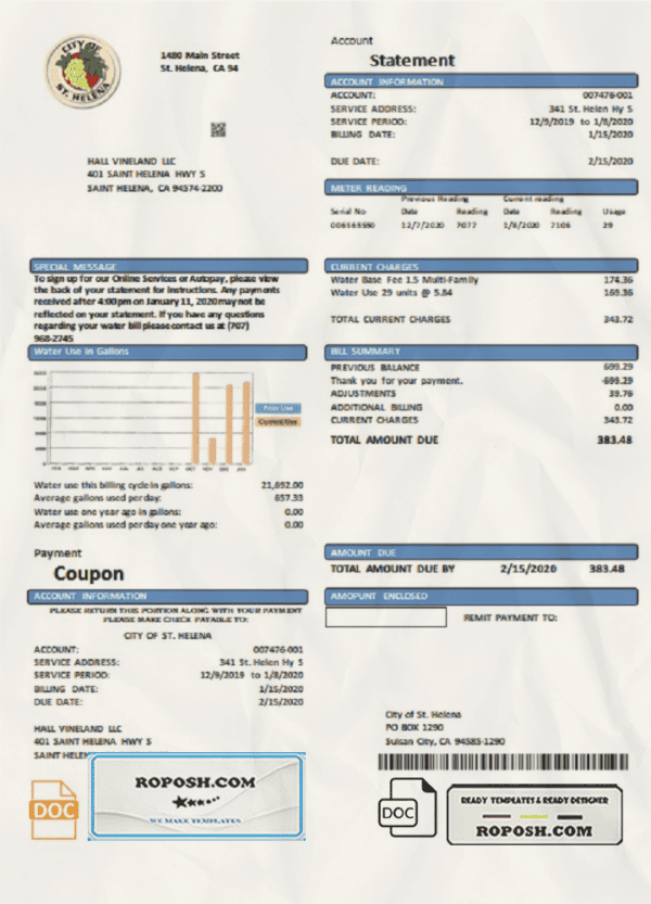 USA California City of St Helena utility bill template in Word and PDF format