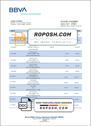 Colombia BBVA bank statement template in Word and PDF format