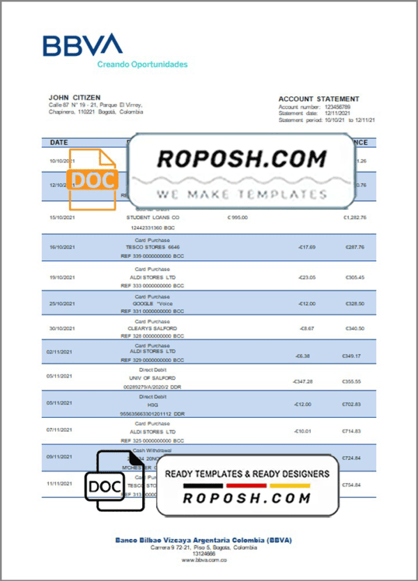 Colombia BBVA bank statement template in Word and PDF format