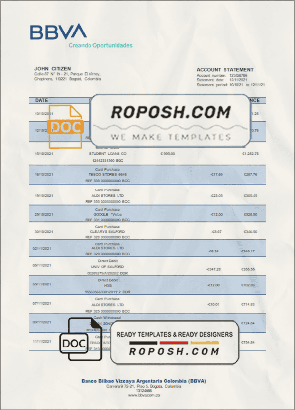 Colombia BBVA bank statement template in Word and PDF format