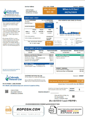 USA Colorado Natural Gas utility bill template in Word and PDF format