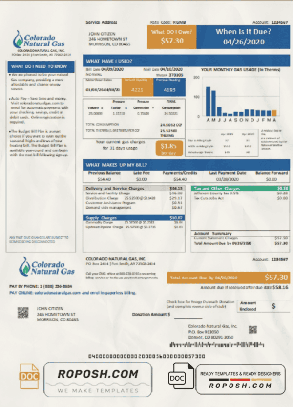 USA Colorado Natural Gas utility bill template in Word and PDF format