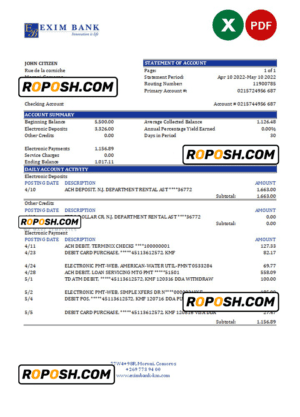 Comoros Exim bank statement Excel and PDF template, fully editable