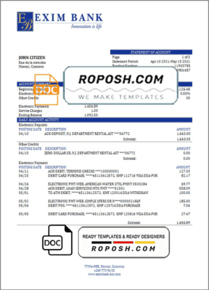 Comoros Exim bank statement Word and PDF template, fully editable