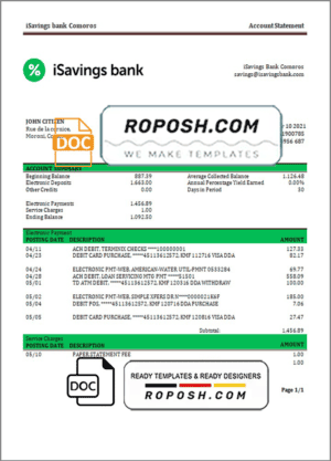 Comoros iSavings bank statement Word and PDF template, completely editable