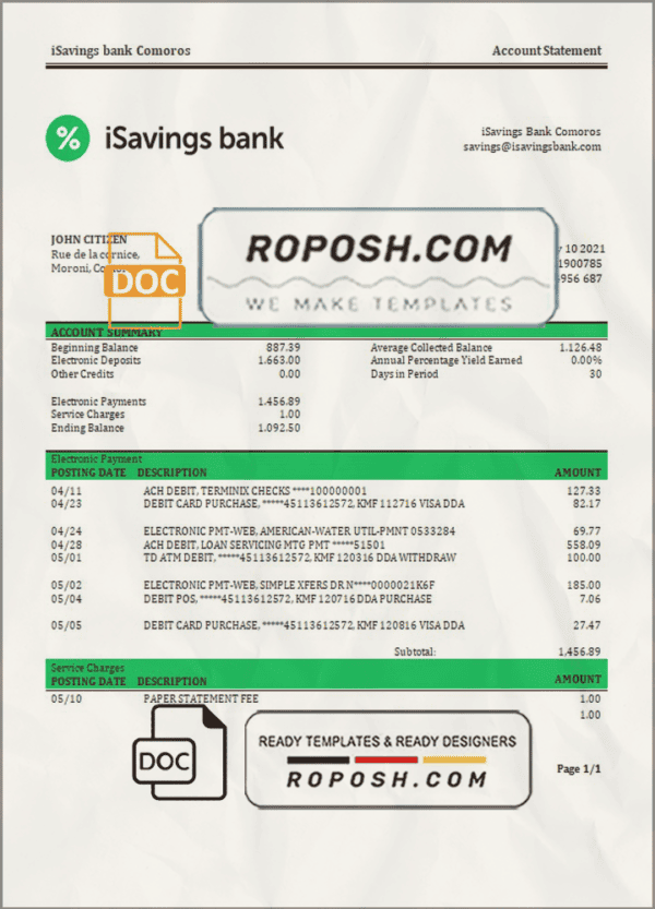 Comoros iSavings bank statement Word and PDF template, completely editable