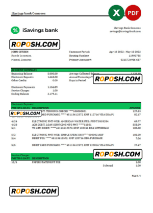 Comoros iSavings bank statement Excel and PDF template, completely editable (AutoSum)