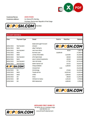 Congo Afriland First Bank statement Excel and PDF template (AutoSum)