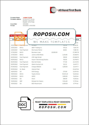 Congo Afriland First bank statement Word and PDF (.doc and .pdf) template