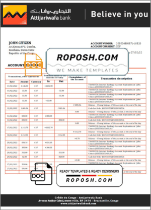 Congo Credit du Congo bank statement Word and PDF (.doc and .pdf) template