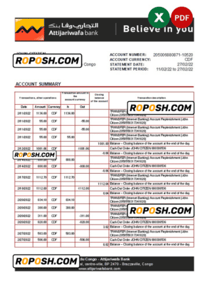 Congo Credit du Congo bank statement Excel and PDF template (AutoSum)
