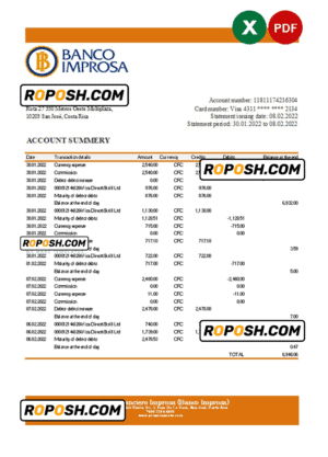 Costa Rica Banco Improsa bank statement Excel and PDF template