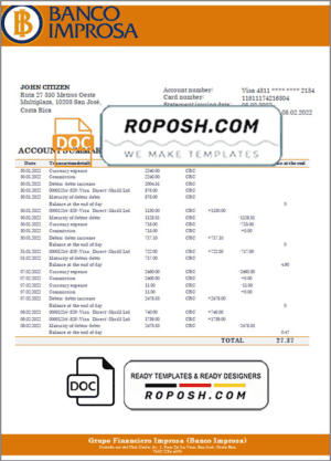Costa Rica Banco Improsa bank statement template in Word and PDF format