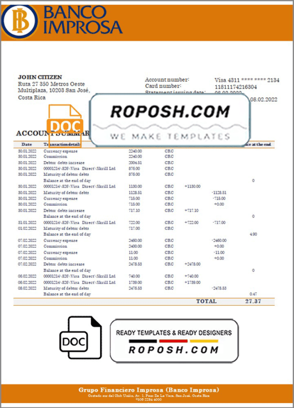 Costa Rica Banco Improsa bank statement template in Word and PDF format